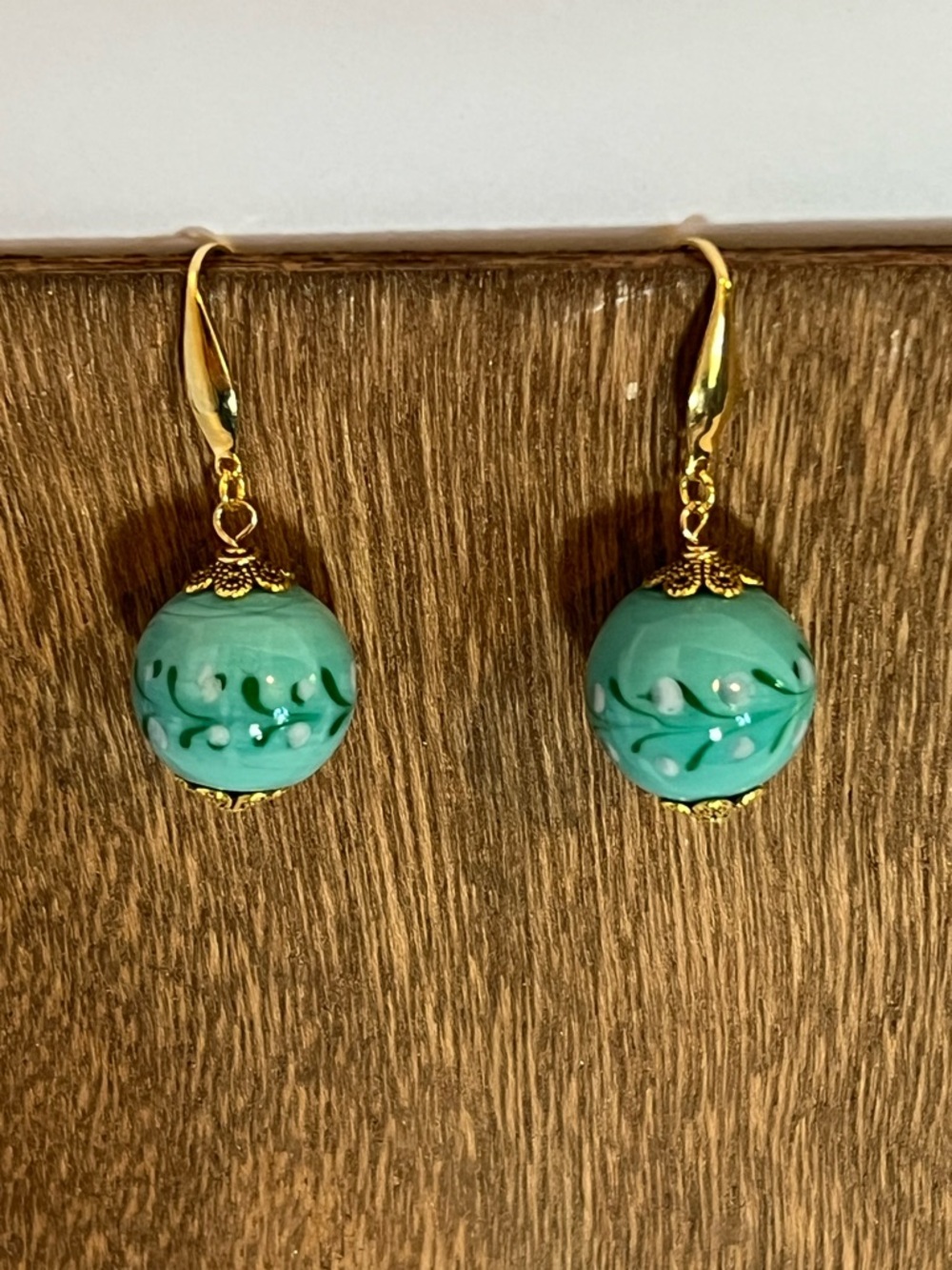 Gold-Tone Teal Swirl Glass Bead Drop Earrings
